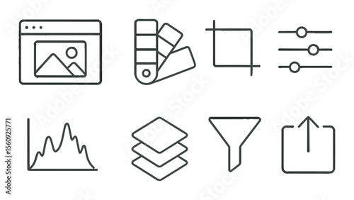 Photo editing set. linear image, palette, crop, adjust, chart, layer, filter, upload vector icons.