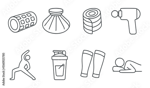 Fitness recovery set. linear massage, yoga, hydration, rest, roller, ice bag, tape vector icons.
