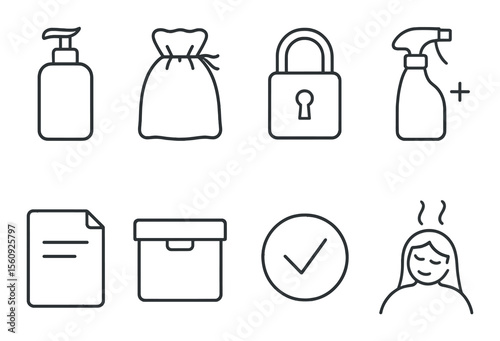 Cleaning and organizing icon set. household silhouette icons: bag, lock, spray, paper, box