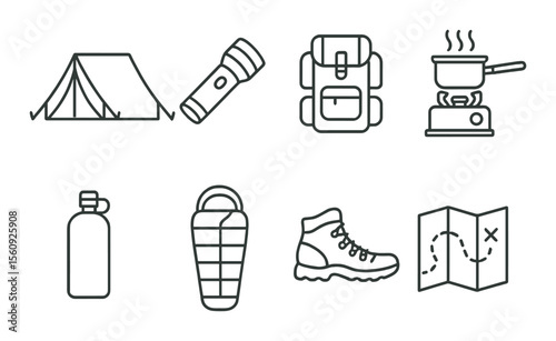 Camping gear set. outdoor adventure flat icons: tent, flashlight, backpack, stove vector icons