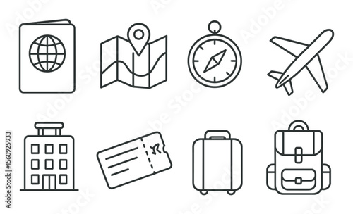 Travel icon set: seamless linear pictograms. passport, map, compass, plane vector icons