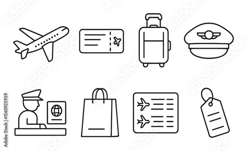 Travel set. vacation essentials linear icons. airplane, ticket, luggage, passport vector icons.