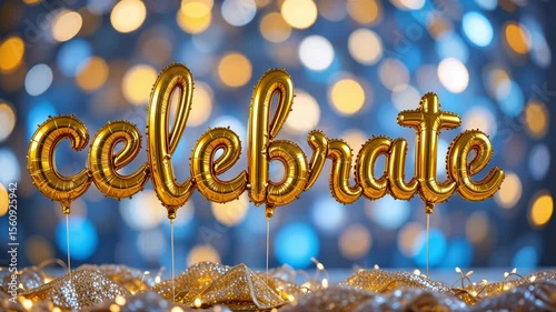 Golden celebrate balloons with bokeh background on a shiny golden textured surface for a party event
