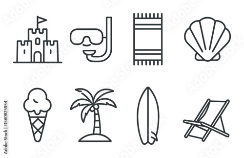 Beach vacation set. summer adventure linear icons. castle, snorkel, towel, shell, chair vector icons.