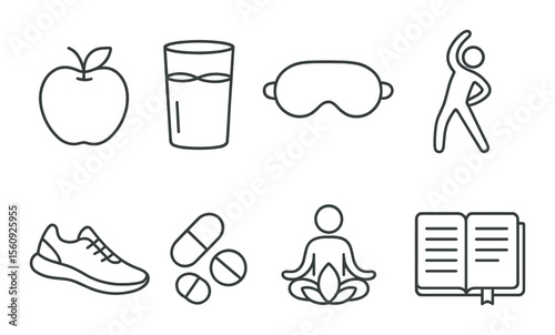 Healthy lifestyle icon set. fitness, nutrition, yoga, sleep, linear health vector icons
