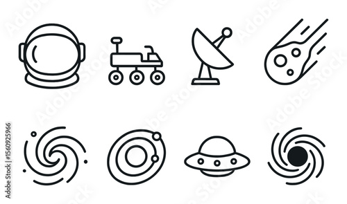 Space exploration set. astronomy linear icons. astronaut, rover, satellite, ufo vector icons.