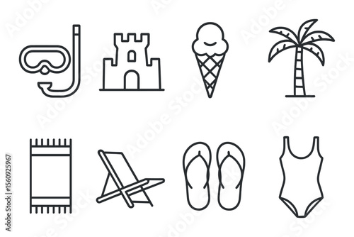 Beach vacation icon set. summer silhouette icons: snorkel, castle, ice cream, palm tree vector icons.