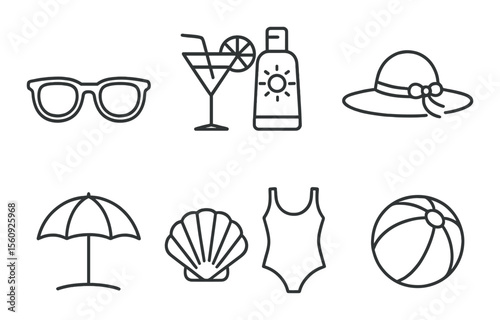 Beach essentials set. summer travel linear icons: sunglasses, hat, umbrella, shell, vector icons