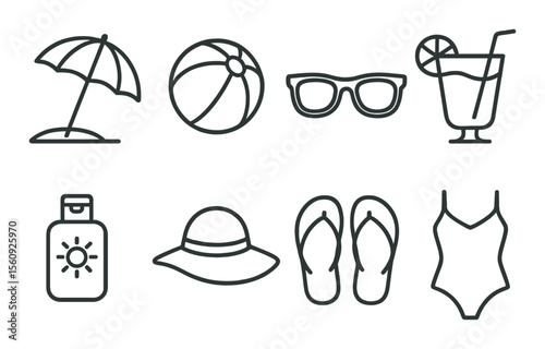 Beach essentials set. summer leisure linear icons. umbrella, ball, drink, hat, flip-flops vector icons.