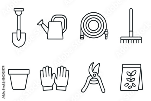 Garden tool set. linear gardening essentials: shovel, hose, rake, gloves, shears icons