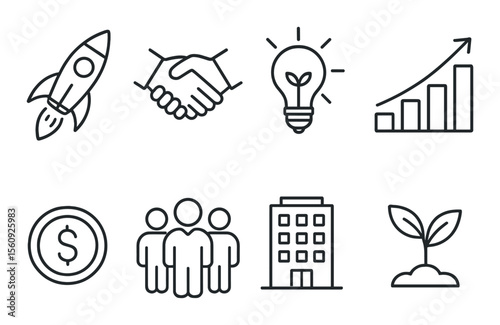 Business growth set. linear business icons. rocket, handshake, lightbulb, growth, money vector icons.