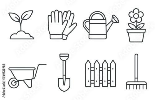 Gardening tool set. linear design garden tools. gloves, shovel, rake, plant vector icons.