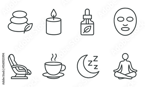 Relaxation and spa set. zen silhouette massage, candle, essential oil, mask vector icons.