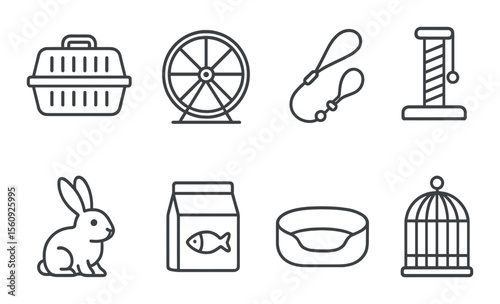 Pet supplies set. linear pets accessories: cage, wheel, leash, scratcher, vector icons.