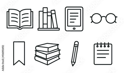 Book and reading set. linear style: book, bookshelf, e-reader, glasses, bookmark, pencil, notepad vector icons.