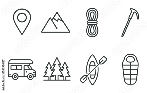 Camping adventure set. outdoor linear style vector icons. map, mountain, rope, axe, camper, trees, kayak, sleeping bag.