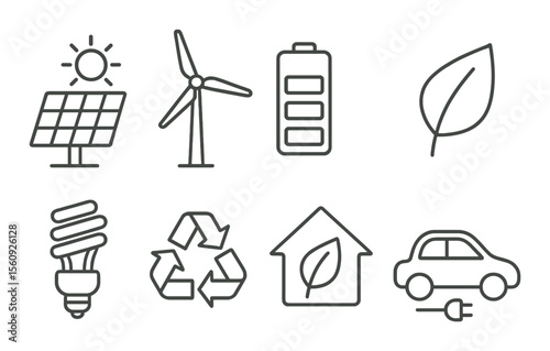 Eco energy set. renewable energy silhouette solar, wind, battery, recycle, leaf vector icons.
