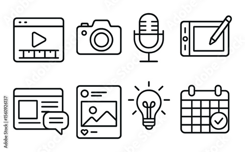 Media tools icon set. linear camera, microphone, tablet, calendar, lightbulb vector icons.