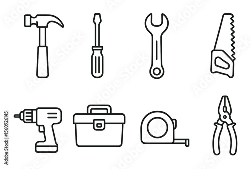 Tool set. construction and repair linear tools. hammer, screwdriver, wrench, saw vector icons.