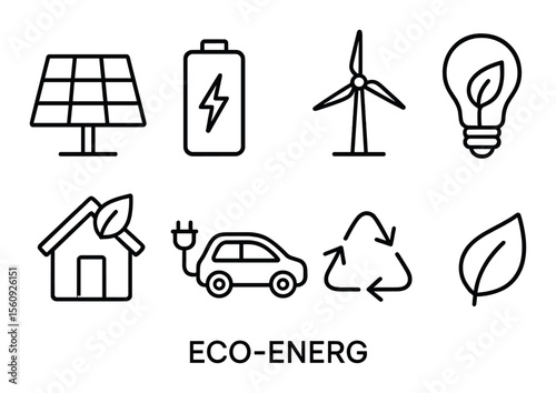 Eco energy set. renewable energy linear icons. solar, wind, battery, bulb, leaf vector icons.