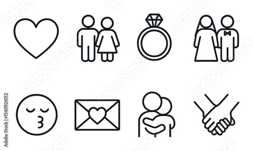Romance icon set. love, couple, ring, wedding, kiss, heart linear vector icons.