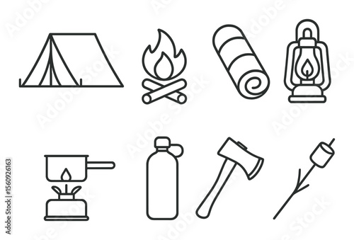 Camping gear set. outdoor equipment silhouette icons. tent, fire, lantern, axe vector icons.