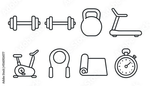 Gym equipment set: fitness tools silhouette dumbbell, kettlebell, treadmill vector icons