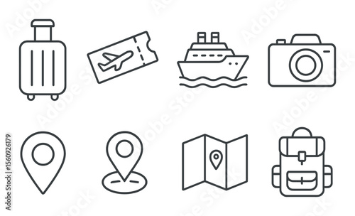 Travel icons set. adventure silhouette suitcase, ticket, cruise, camera, map vector icons.