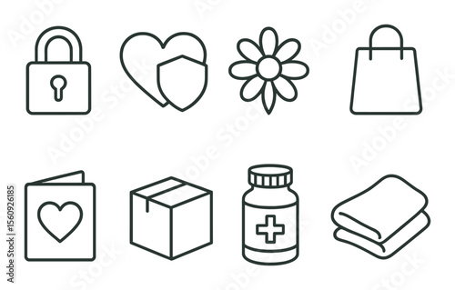 Security and love icon set. lock, heart, shield, flower, shopping bag, medicine, blanket vector icons.