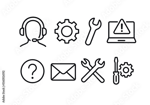 Customer service icon set. support linear headset, gear, wrench, email vector icons.