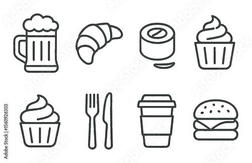 Food and drink icon set. culinary and beverage linear icons. beer, croissant, sushi, cupcake, coffee, burger vector icons.