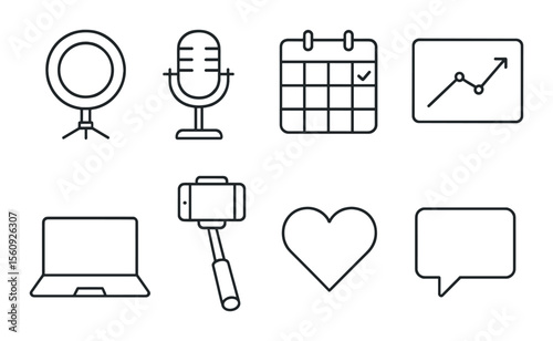 Media equipment set. communication and technology linear icons. microphone, laptop, calendar, graph, selfie stick, heart, speech bubble vector icons.