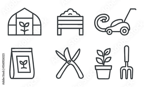 Garden tool set. farming silhouette greenhouse, compost, mower vector icons