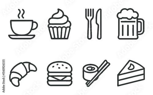 Food icon set. culinary silhouette coffee, cupcake, utensils, beer, croissant vector icons.