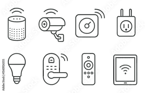 Smart home device set. linear gadgets: speaker, camera, thermostat, plug, bulb vector icons.