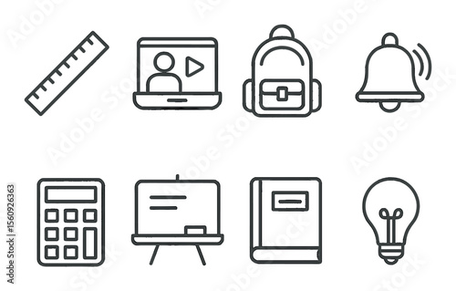 Education tool set: school linear icons - ruler, video, backpack, bell, lightbulb vector icons