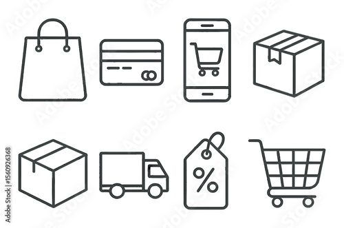 E-commerce icon set. shopping and delivery linear icons. bag, card, phone, package vector icons.