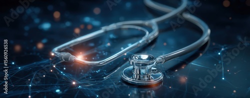 Stethoscope on a digital background symbolizing healthcare, featuring network connections and data elements, representing modern medical technology and innovation.