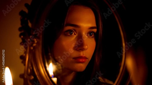 Young woman reflecting in a candlelit mirror with serious expression  