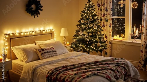 Cozy bedroom decorated for Christmas with tree and warm lighting  