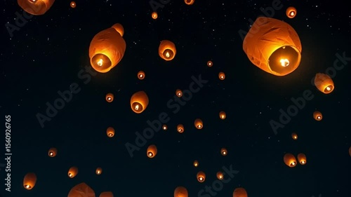 Floating lanterns glowing in night sky during festival celebration  