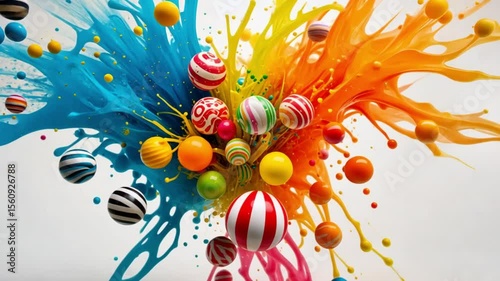 A vibrant explosion of colorful paint splatters and assorted spheres against a white background