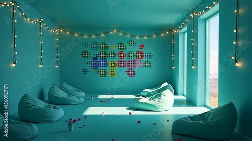 Cozy turquoise room with bean bags and colorful wall art