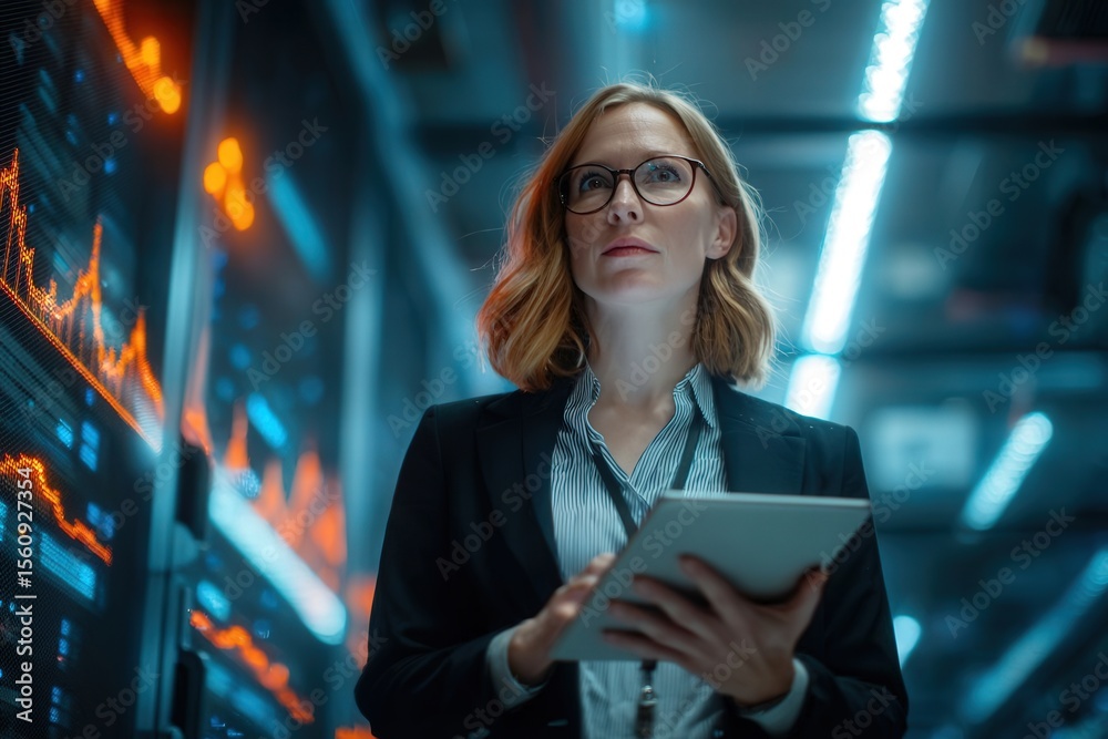 Fototapeta premium A businesswoman in professional attire examines an iPad in a high-tech data center, surrounded by neon lights and holographic graphs, embodying a futuristic atmosphere.
