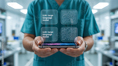 Person holding a phone with llm language model and binary code overlays on screen
