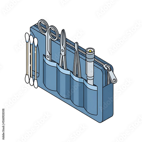 Tool pouch with medical instruments and surgical tools.