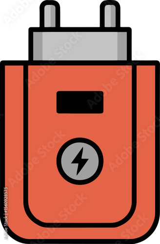 Illustration of an orange power adapter with a lightning bolt symbol and a gray plug on a white background