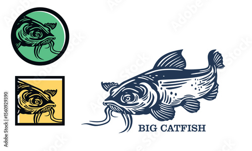 big and fat catfish in river logo, silhouette of  fish swimming vector illustrations