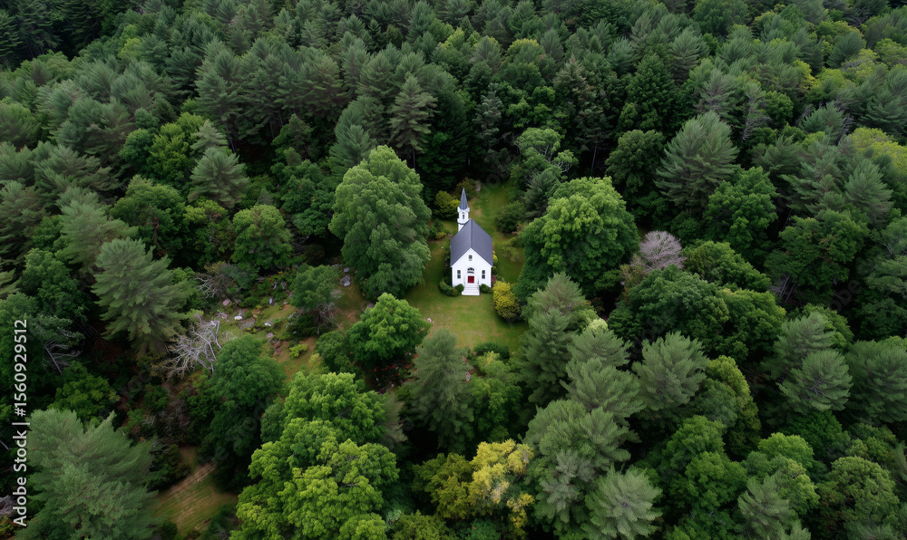 Aerial drone view of a small white church in a dense green forest Aerial drone view of a small white church in a dense green forest