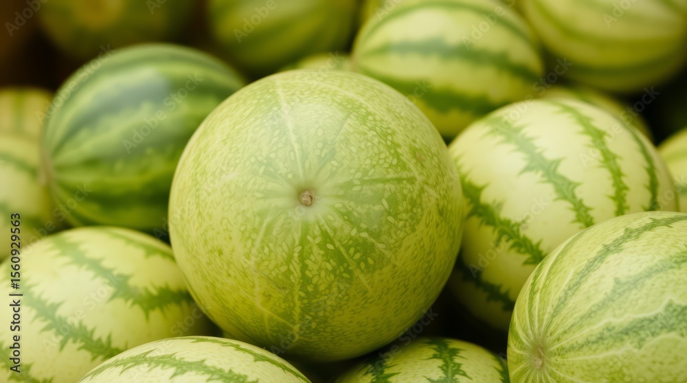 Pile of Fresh Baby Watermelons: A close-up shot of a pile of small, fresh baby watermelons, showcasing their vibrant green rind and subtle striped pattern. The image exudes freshness and summer vibes. Pile of Fresh Baby Watermelons: A close-up shot of a pile of small, fresh baby watermelons, showcasing their vibrant green rind and subtle striped pattern. The image exudes freshness and summer vibes.